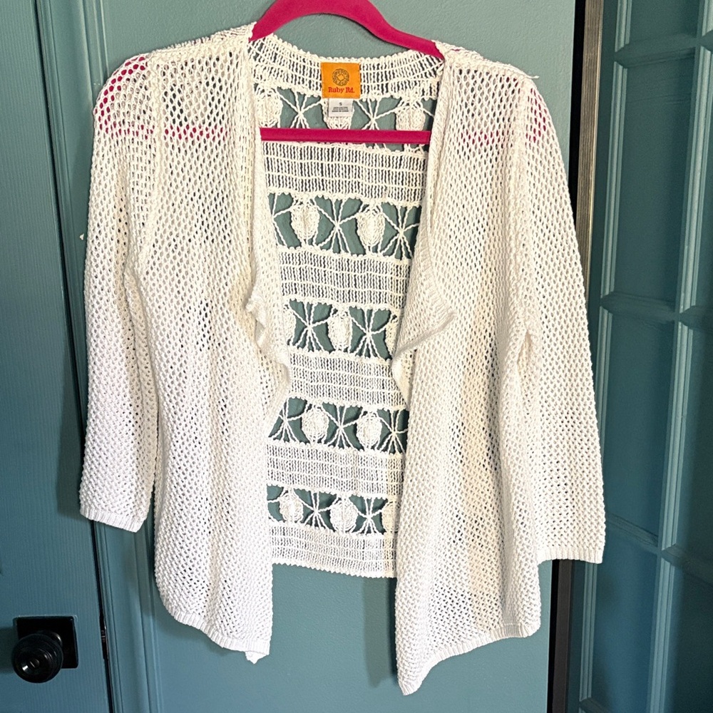 Ruby Rd. White Open-Weave Cardigan with Lace Back Panel